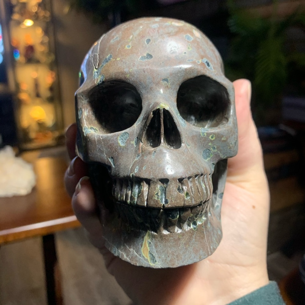 Huge 5” natural Plumite Jasper carved skull